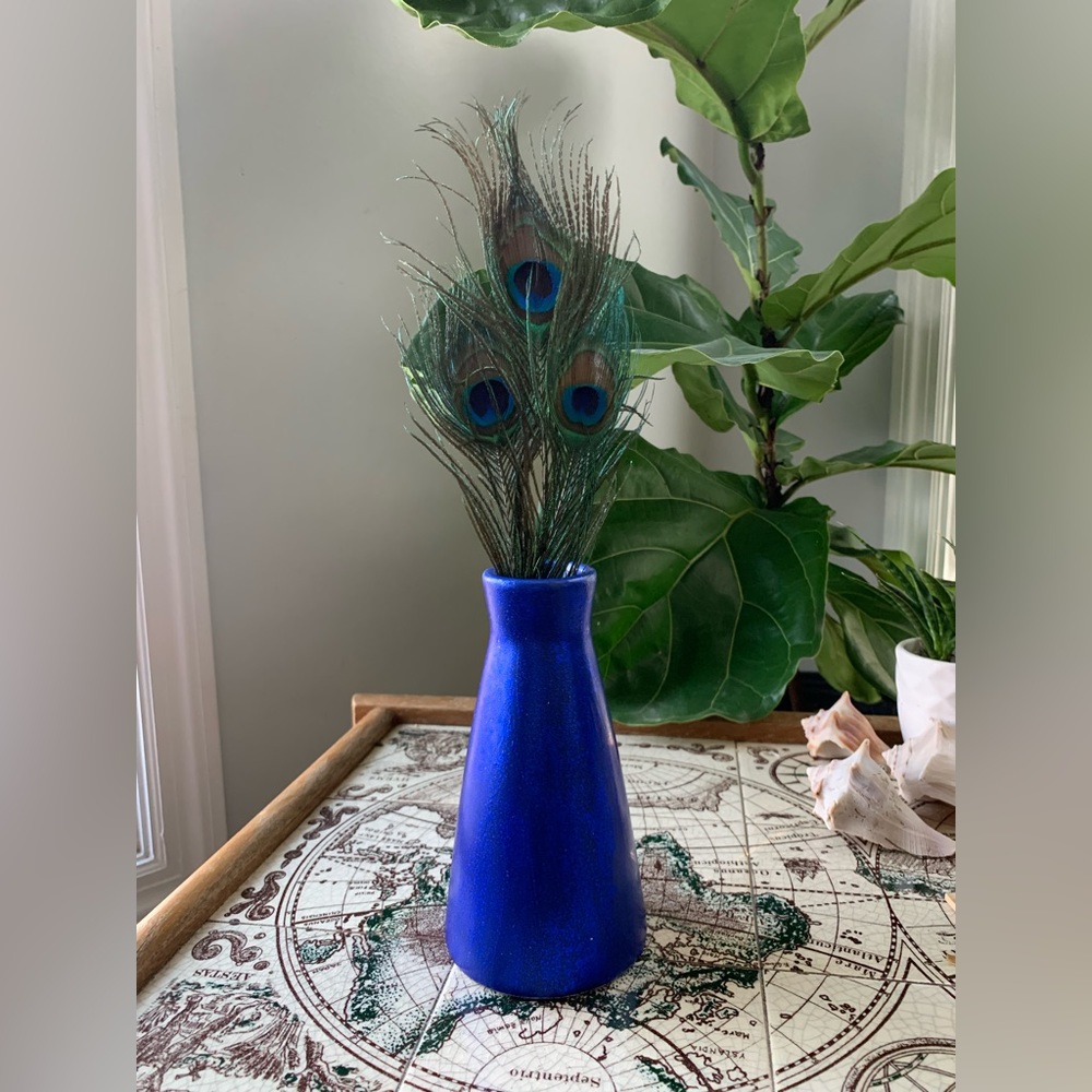 Peacock Feathers With Sparkly Blue Vase